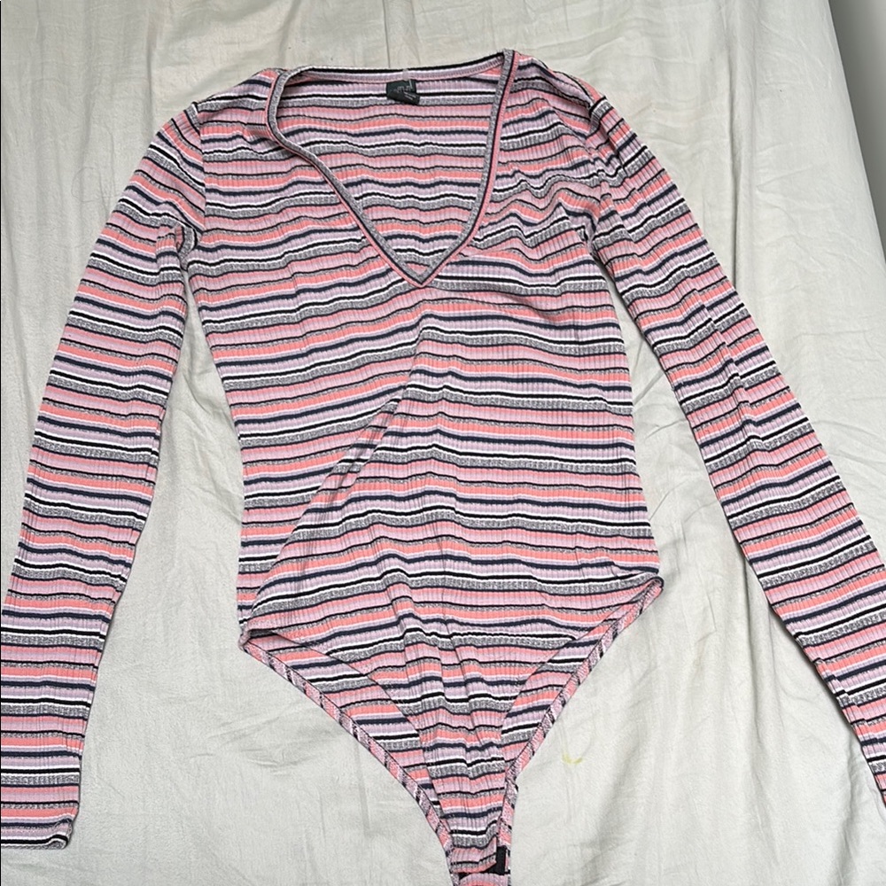 Wild Fable Pink and Black Striped Bodysuit